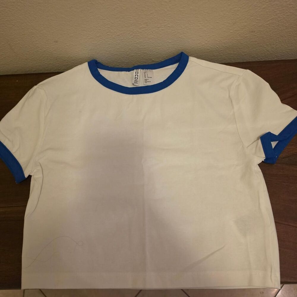 NWOT H&M Women's White and Blue Ringer Tee